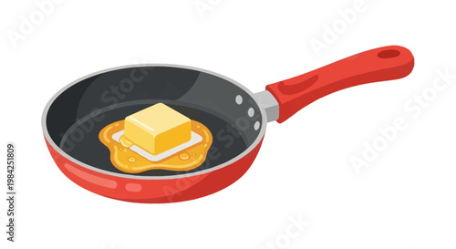 Red non-stick frying pan with a cube of yellow butter melting in the center, kitchen skillet with ergonomic red handle, vector illustration of cooking fat on white background.