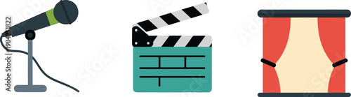 Microphone clapperboard and stage curtain flat illustration film production cinema theater media entertainment recording performance creative industry concept
