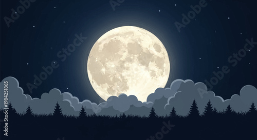 Large glowing full moon rising over a dark silhouette of pine forest and layered clouds under a starry night sky. Detailed vector illustration of a lunar landscape in deep blue.
