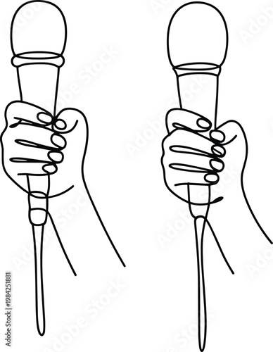 Microphone in hand line art illustration, interview and reporting concept, media communication journalism tool, minimal outline design, broadcasting and speaking theme