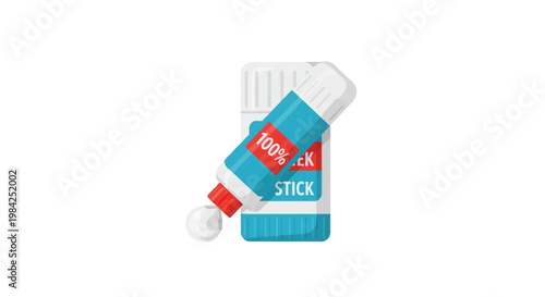 Flat vector illustration of two adhesive glue sticks isolated on a white background, featuring blue and red labels with text, one vertical tube and one diagonal glue container.