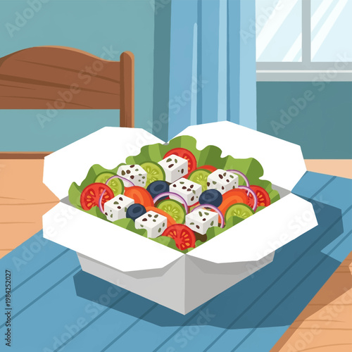 Vector illustration of a fresh Greek salad in an open white eco-friendly paper takeout container featuring feta cheese, tomatoes, cucumbers, black olives, and red onion rings.