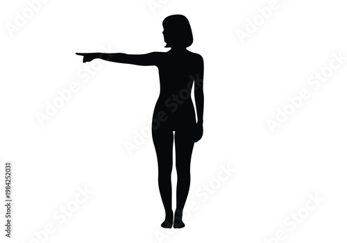 Black silhouette of a woman pointing her finger to the left side on a plain white background