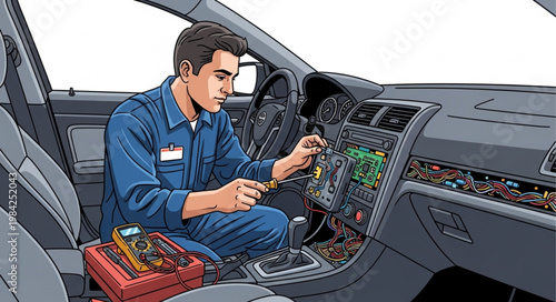 Mechanic working on car dashboard wiring and electronics.