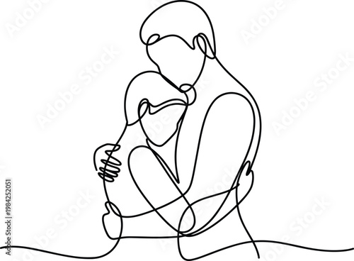 Mother hugging child illustration, parental love concept, minimalist continuous line art, family care, emotional bonding, tenderness, parenting, affection, protective embrace