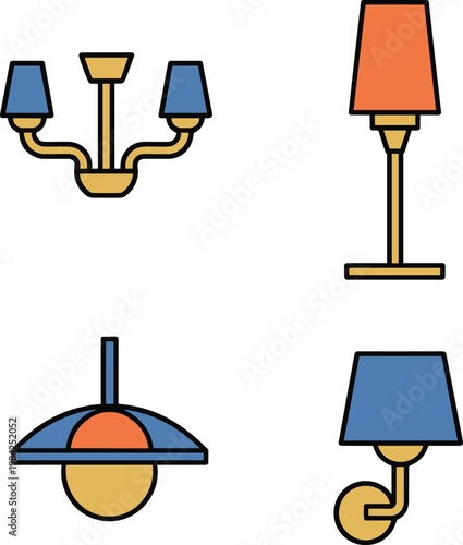 Modern lighting icons set, decorative lamps collection, chandelier floor wall ceiling lights, minimalist flat design, interior illumination concept, home decor elements