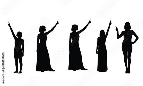 Set of black silhouettes of women pointing with fingers isolated on a white background design