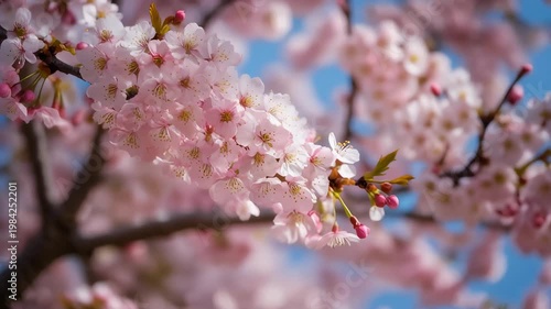 Close-up of pink cherry blossom branch with delicate petals against a soft blue sky, springtime floral bokeh