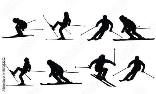 Set of black silhouettes featuring skiers performing various tricks and downhill skiing maneuvers