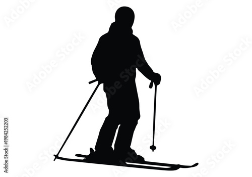 Black silhouette of a skier in a classic skiing stance holding poles isolated on white background