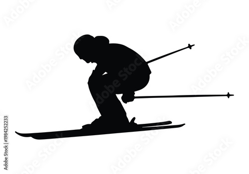 Black silhouette of a skier in a fast downhill crouch position isolated on a white background