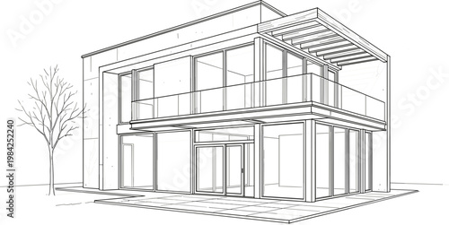 Modern cubic house architectural line art illustration with glass walls and balcony, minimalist residential design and contemporary urban home concept