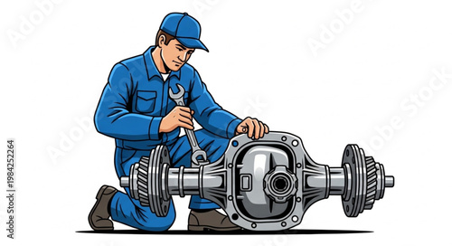 Mechanic working on car differential axle assembly with wrench.