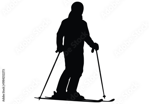 Single black silhouette of a skier standing on skis with poles in a classic winter sports pose.