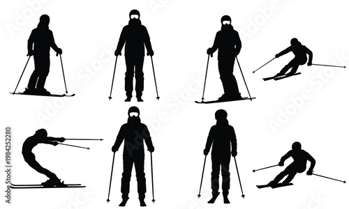 Collection of black vector silhouettes showing skiers in standing and downhill skiing positions.