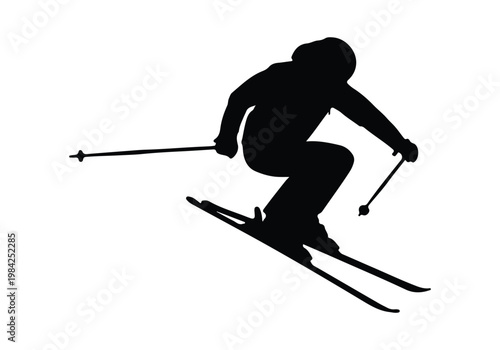 Black silhouette of an athletic skier performing a fast downhill turn on a snowy mountain slope.