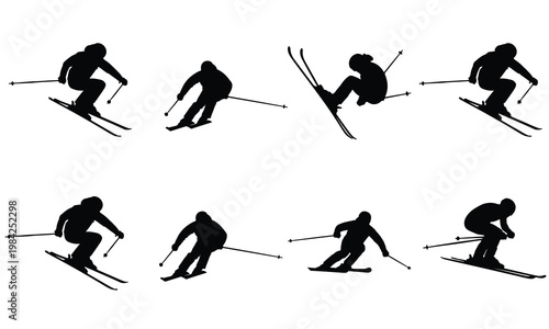 Group of black silhouette icons featuring people skiing in various fast downhill racing poses.