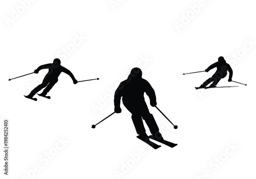 Action silhouettes of skiers moving fast down the slope isolated on a clean white background.
