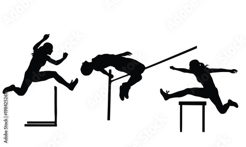 Silhouettes of athletes performing hurdles and high jump track and field sports events.