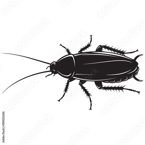 A black silhouette illustration of a common household cockroach, depicting its segmented body, long antennae, and six legs on a white background, representing pests or unsanitary conditions.