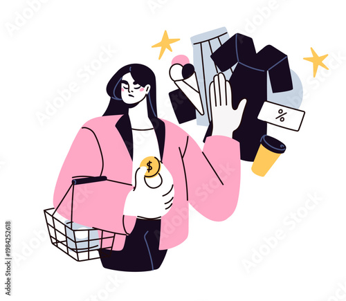 Spendings and expenses control. Reducing, cutting excess purchases for saving money. Finance and budget discipline, financial literacy concept. Flat vector illustration isolated on white background