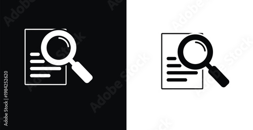 A simple black and white illustration of a magnifying glass over a document