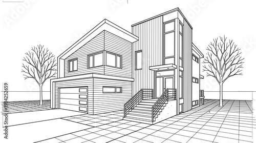 Modern duplex house exterior line art illustration with contemporary architecture, residential property design and urban home structure concept minimal outline style