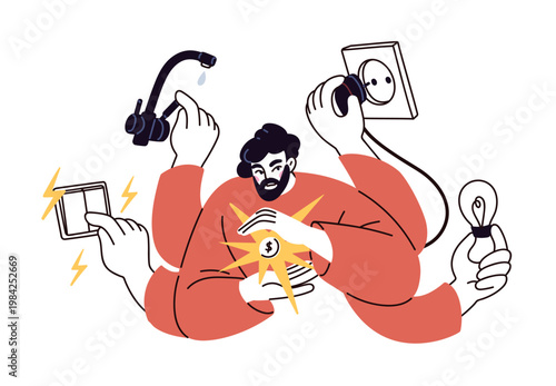 Thrift, expenses control. Saving money, thrifty man managing household economy, home spendings, utility payments, reducing energy consumption. Flat vector illustration isolated on white background