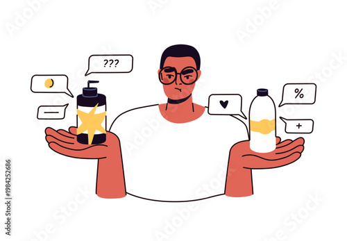 Puzzled man choosing between products. Consumer making decision, comparing for choice, conscious consumption. Doubt and comparison in shopping. Flat vector illustration isolated on white background