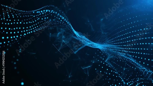 Abstract blue particle wave flowing through dark space, digital network data stream, futuristic motion with glowing dots and lines