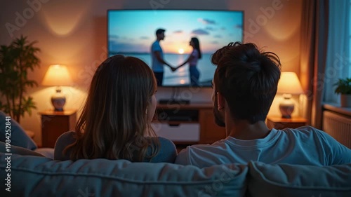 Couple watching romantic movie together on sofa in cozy living room  
