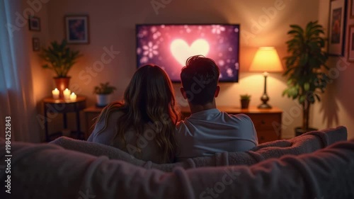 Couple watching romantic movie on sofa in cozy living room  