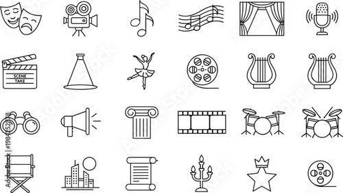 Flat design vector icons representing music, science, and education themes. Ideal for educational materials, apps, presentations, and creative projects needing scalable graphics.