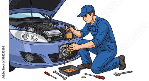 Mechanic performing car engine maintenance and repair work.