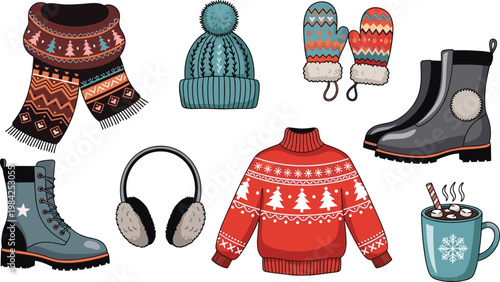 Winter Clothing and Accessories Set with Scarf, Beanie, Mittens, Boots, Sweater, Earmuffs, and Hot Cocoa for Cold Season Designs