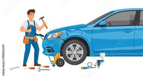 Mechanic repairing a blue car with tools and equipment.