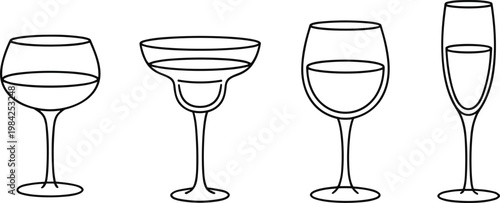 Wine glass line art set, cocktail and champagne glasses collection, bar drinkware icons minimalist outline vector illustration design