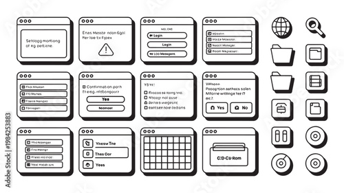 Digital Interface Elements: A collection of various digital interface elements, including windows, icons, and menus, perfect for website design and user experience concepts.