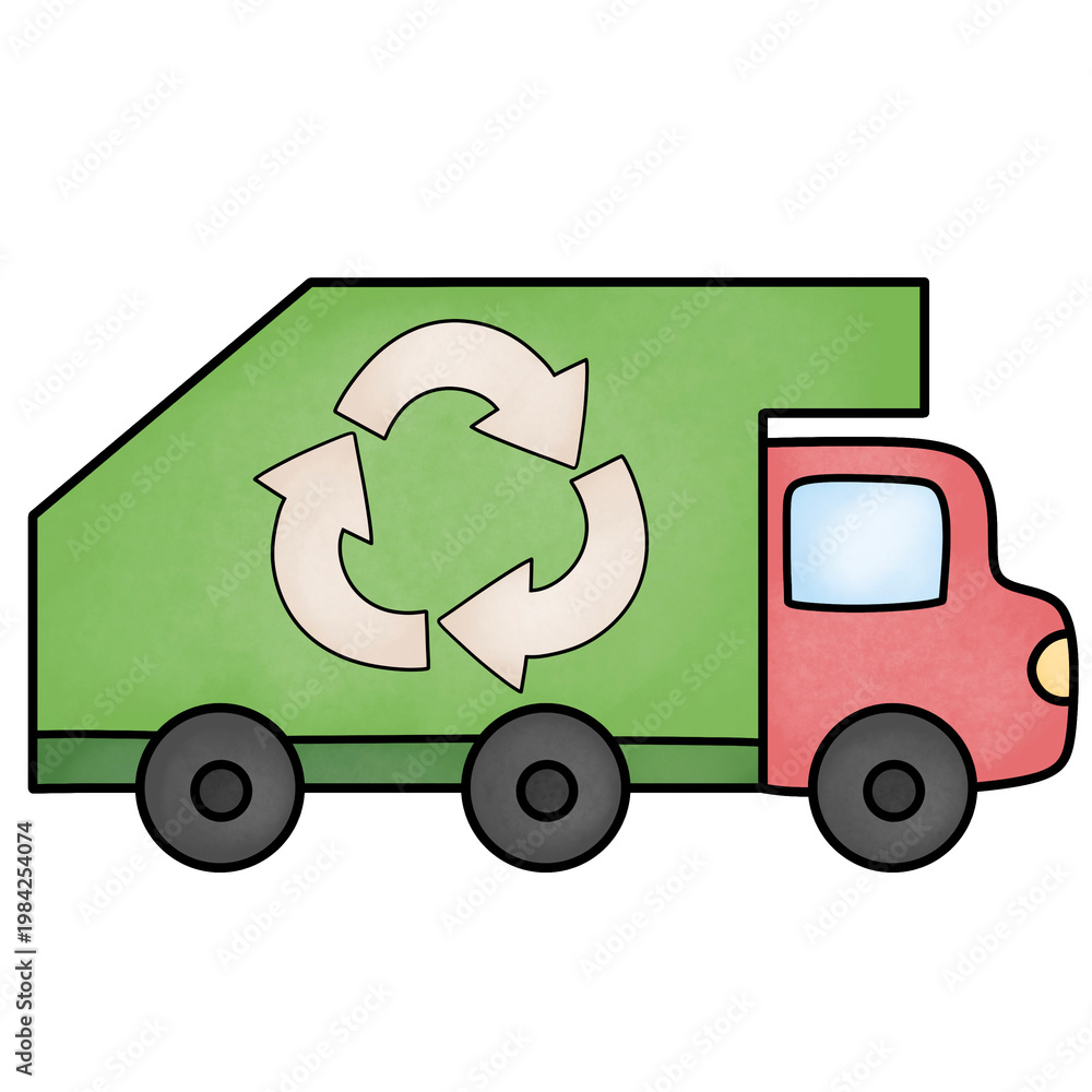 Obraz premium green recycling garbage truck with recycle symbol hand drawn waste management environmental vector graphic isolated on white background
