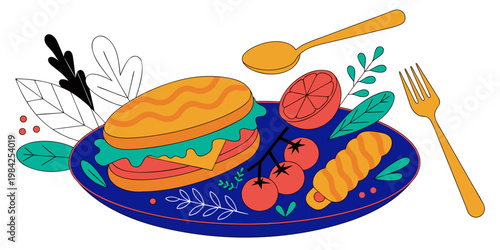 Illustration of a sandwich plate with tomato cherry and citrus fruit slice with cutlery sandwich illustration delicious nutrition restaurant catering colorful ingredient vegetarian culinary