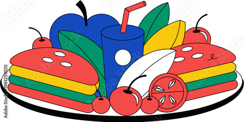 Healthy breakfast composition with sandwiches fruit and a drink breakfast sandwich beverage illustration colorful nutrition vegetarian delicious restaurant homemade minimalist vitamins