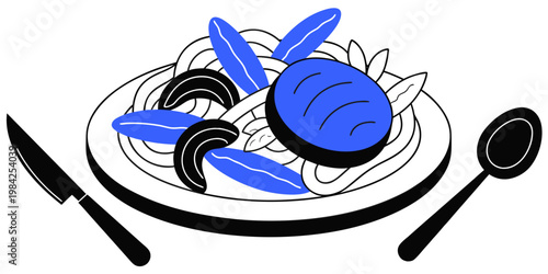 Flat vector illustration of a gourmet plated meal with steak and garnish culinary gastronomy illustration minimalist restaurant abstract utensils nutrition decorative