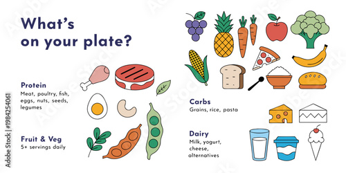 Educational food group infographic showing protein carbs and dairy with infographic nutrition carbohydrates vegetables educational balanced wellness lifestyle ingredients vegetable colorful