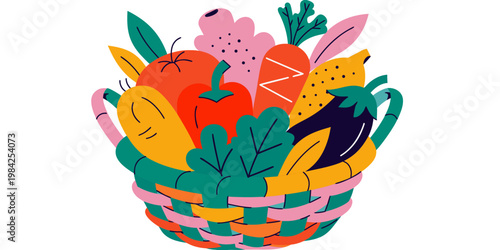 Colorful woven basket filled with fresh harvest vegetables and fruits vegetables nutrition tomatoes eggplant colorful illustration ingredients vegetarian wholesome vitamins freshness