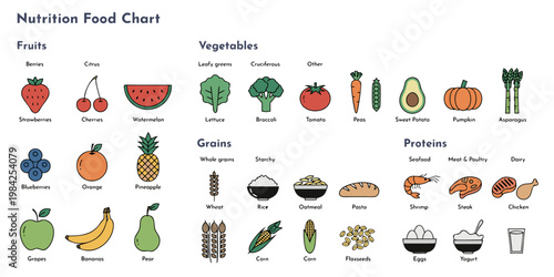 Nutrition food chart categorizing fruits vegetables grains and proteins with nutrition infographic vegetables proteins strawberries cherries watermelon broccoli asparagus blueberries