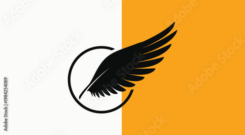 Black wing silhouette inside a circular frame on a dual-tone white and orange background