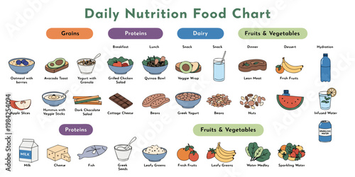 Daily nutrition food chart informational infographic showing healthy meal categories with nutrition infographic proteins vegetables balanced planning wellness sparkling refreshment education