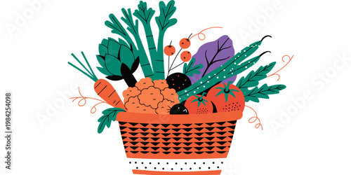Woven basket full of fresh vegetables and greens for healthy eating with vegetables nutrition tomatoes artichoke cauliflower ingredients vegetarian wholesome vitamins freshness agriculture