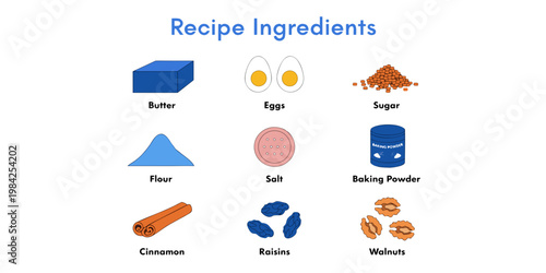 Baking recipe ingredients illustration with labeled items ingredients illustration cinnamon culinary preparation homemade measurements foodstuffs nutrition essential components supplies