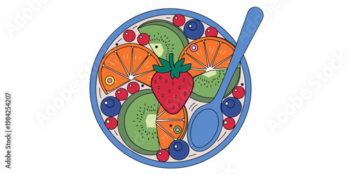 Top view of a healthy breakfast bowl with mixed fruit slices and berries breakfast strawberry blueberry nutrition vegetarian illustration colorful lifestyle ingredients delicious culinary